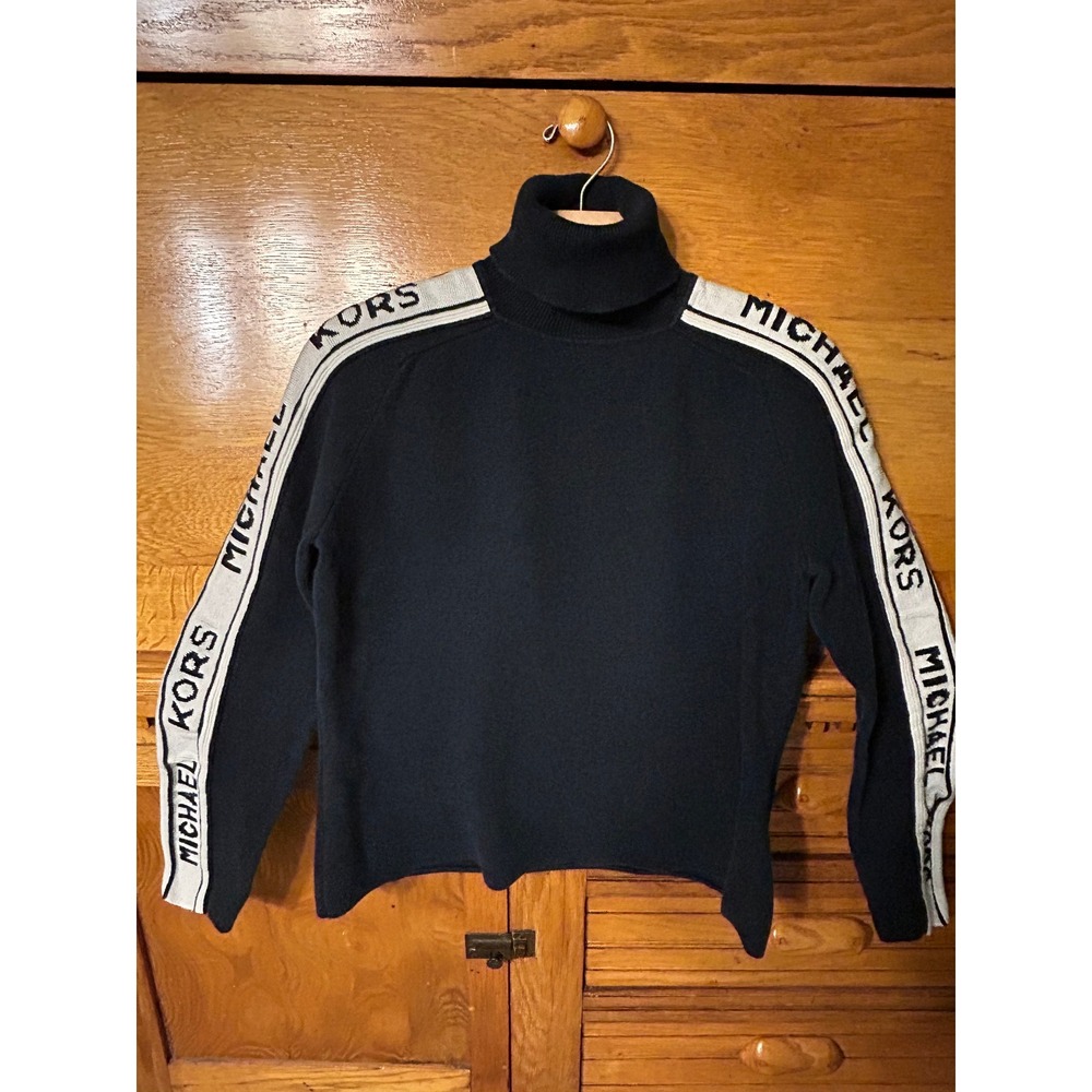Michael Kors Athleisure Streetwear Navy Cotton Logo Tape Turtleneck Sweater L/G